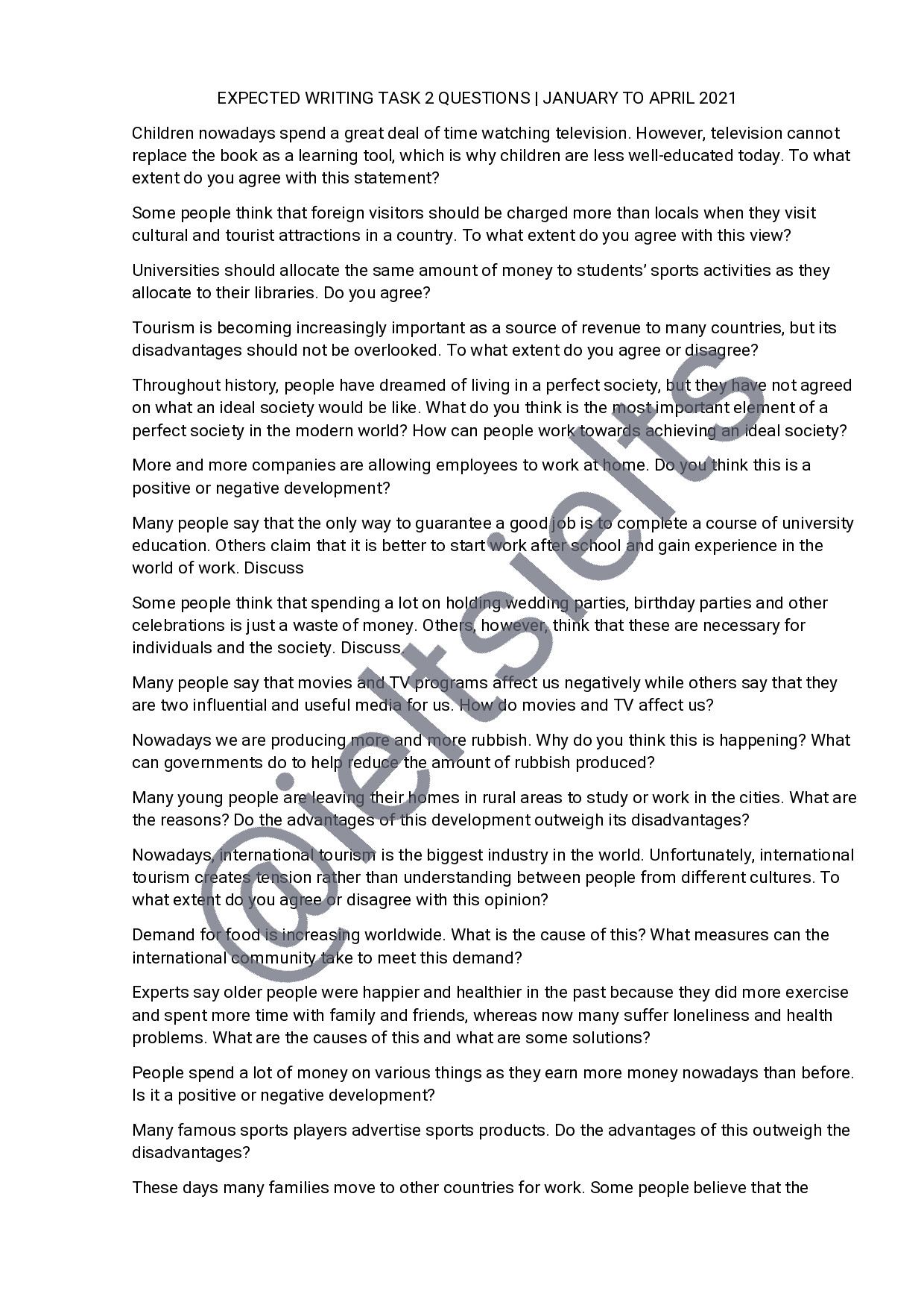 EXPECTED WRITING TASK 2 QUESTIONS