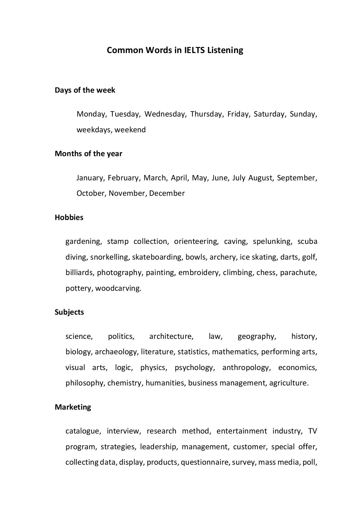 COMMON WORDS IN IELTS LISTENING