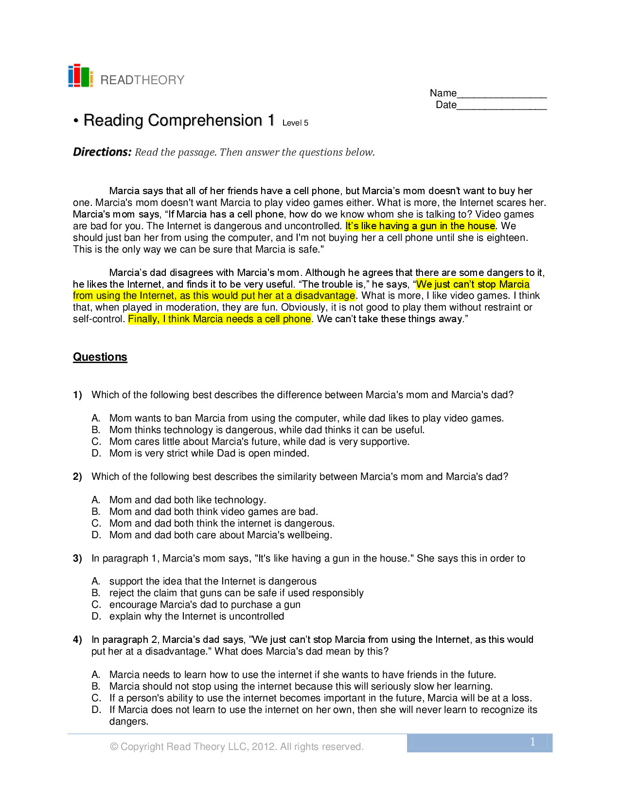 READING COMPREHENSION PRACTICE