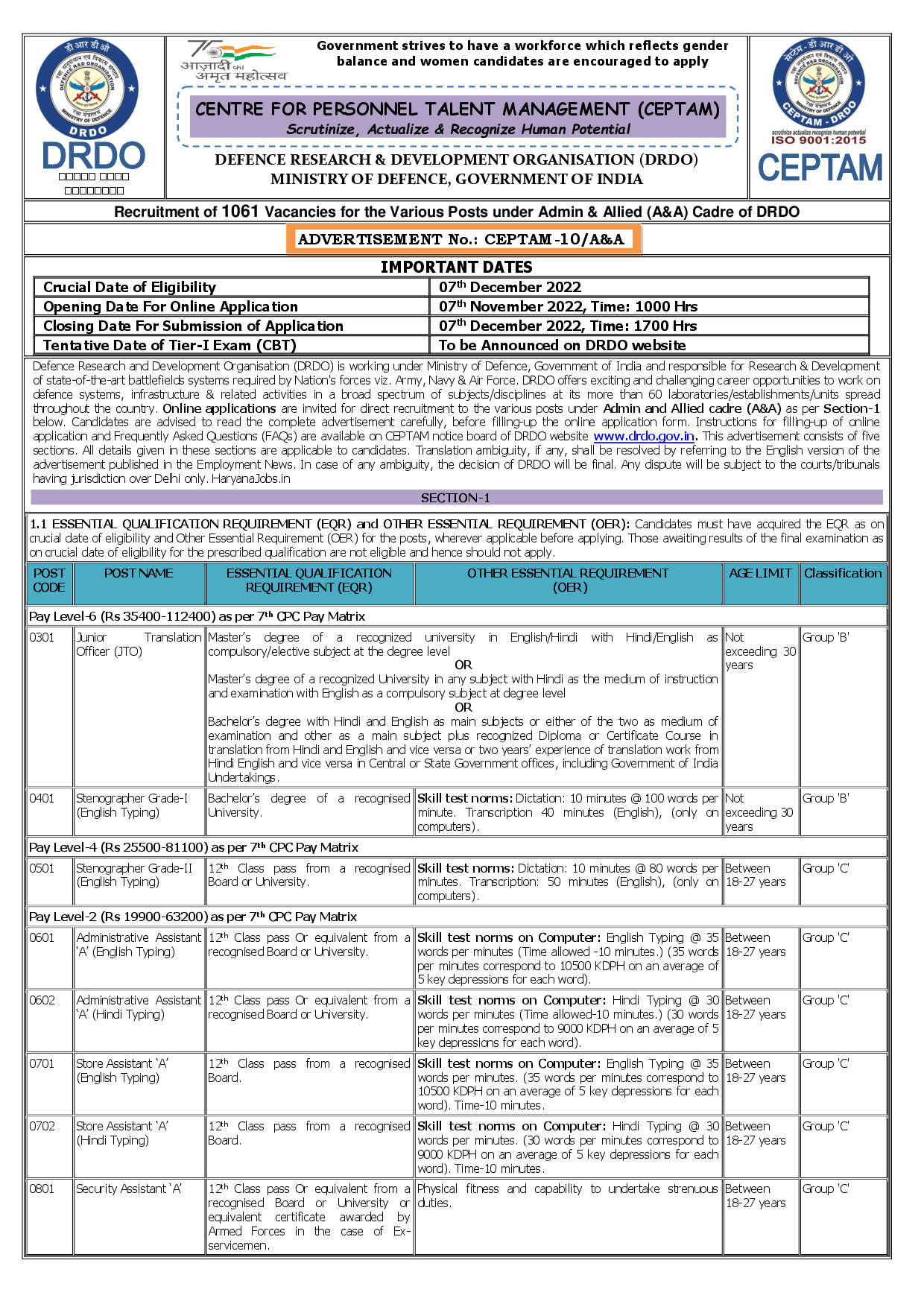 DRDO CEPTAM 10 AA RECRUITMENT 2022 NOTIFICATION
