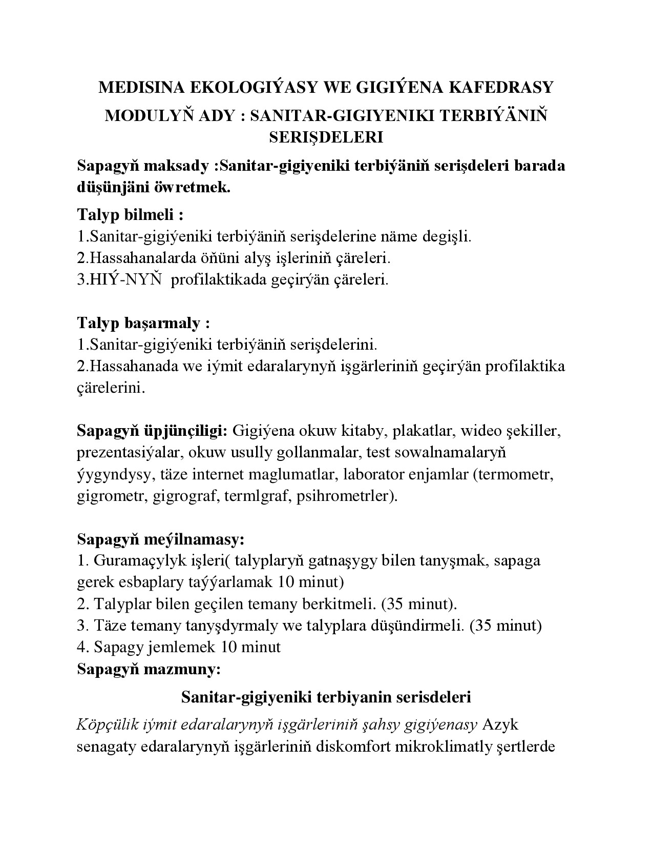 Sanitar Gigiyeniki TerbiýäNiň SerişDeleri
