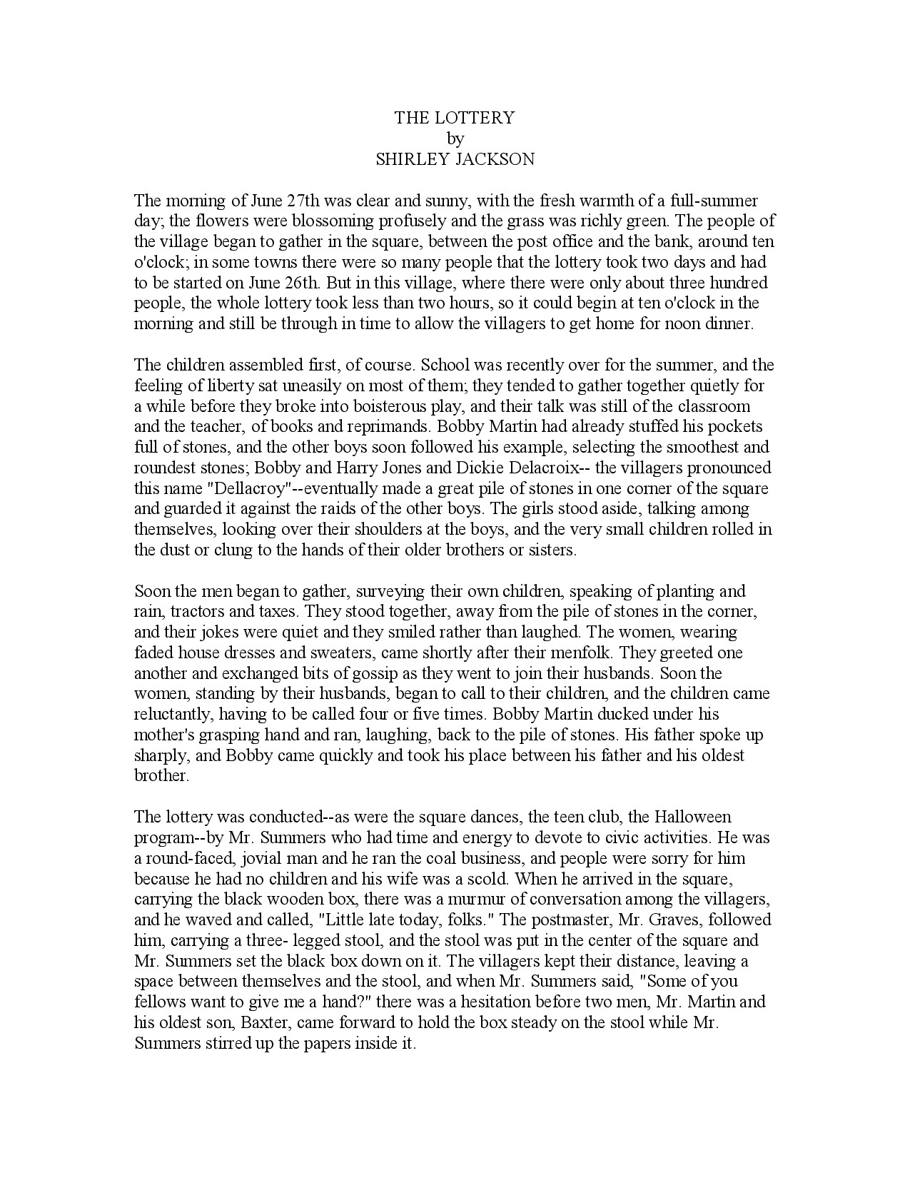 THE LOTTERY WITH QUESTIONS SHIRLEY JACKSON