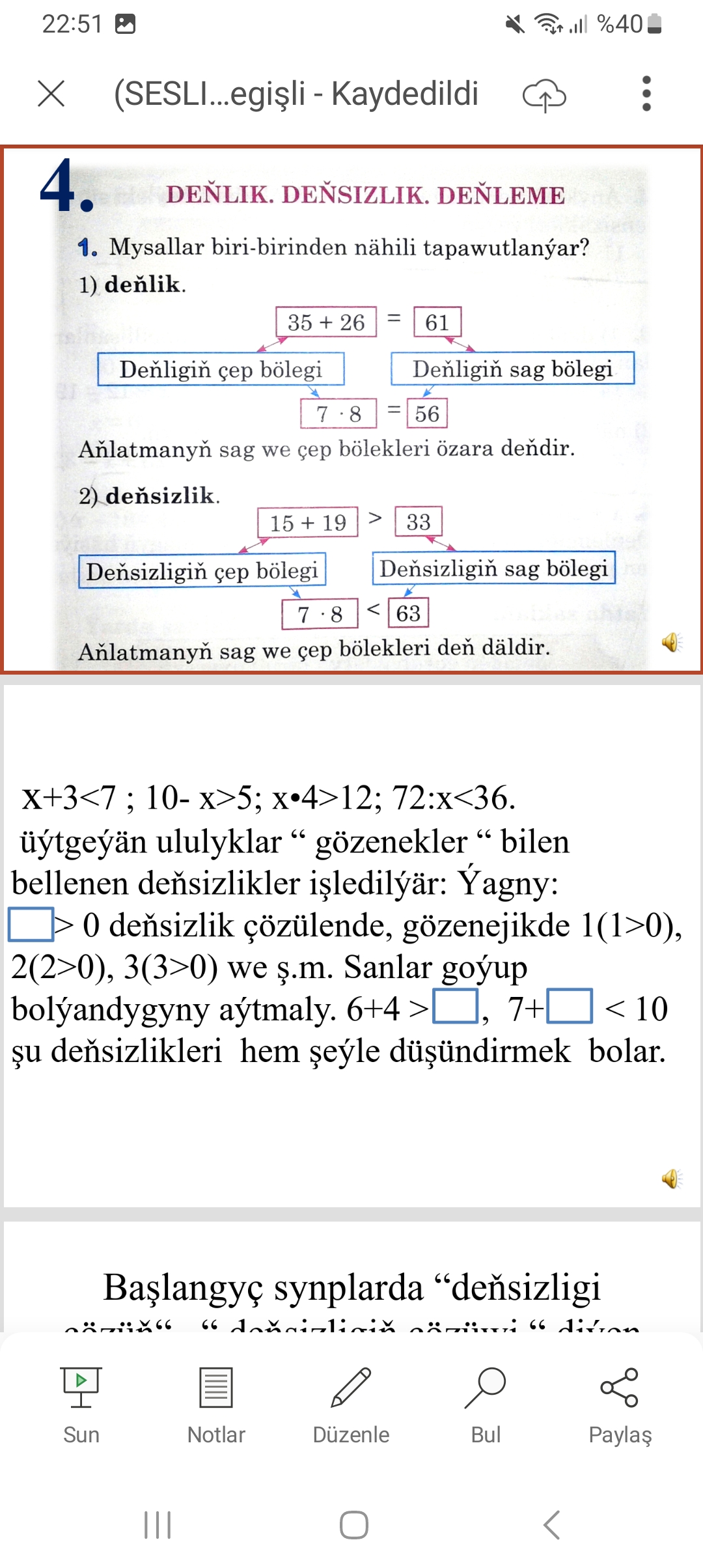 (SESLI) San deňliklerini we deňsizliklerini öwretmegiň usulyna degişli