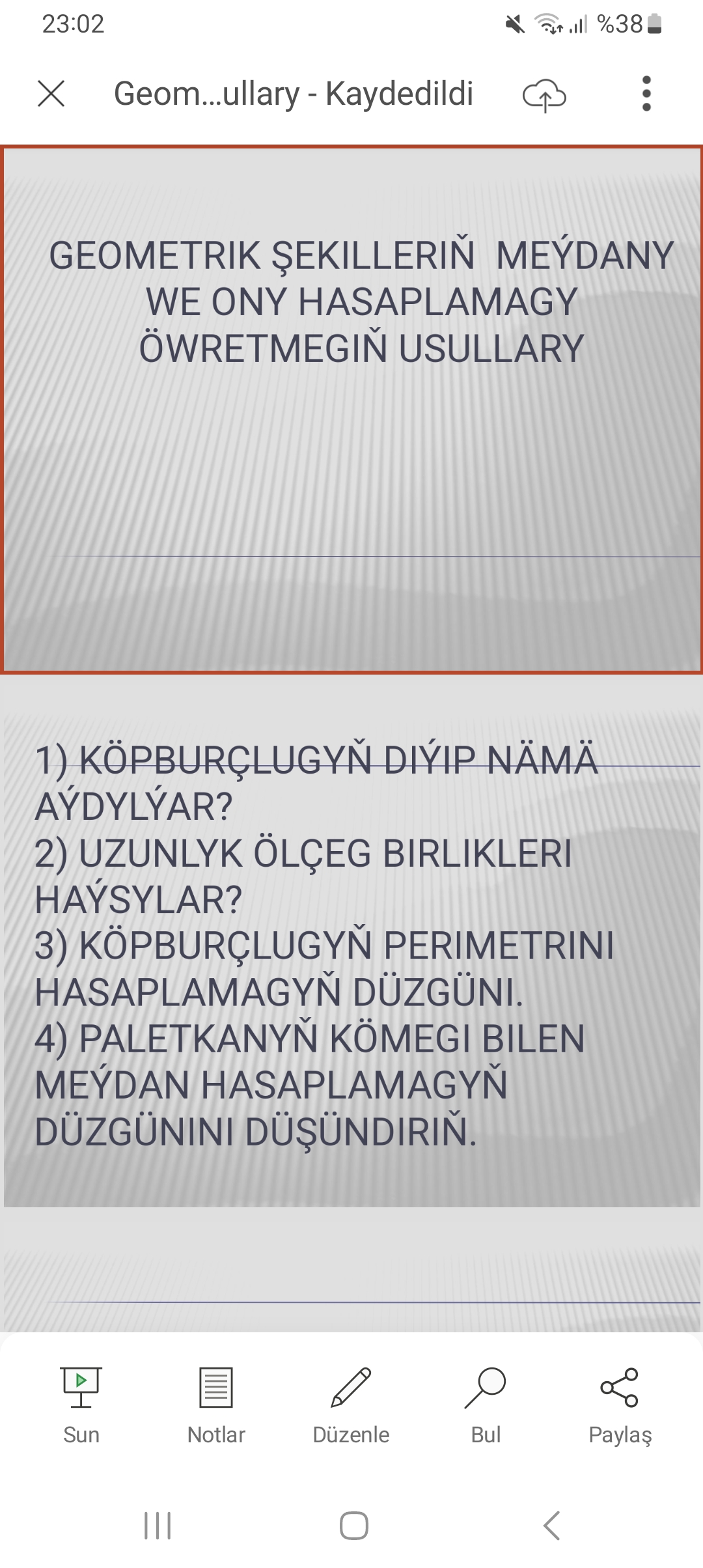 Geometrik şekilleriň meýdany we ony hasaplamagy öwretmegiň usullary