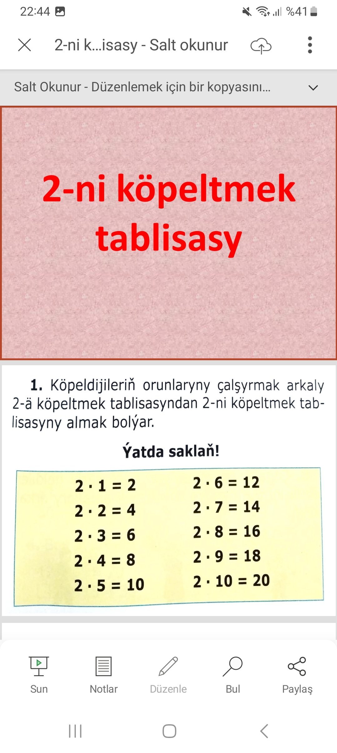 2 ni köpeltmek tablisasy